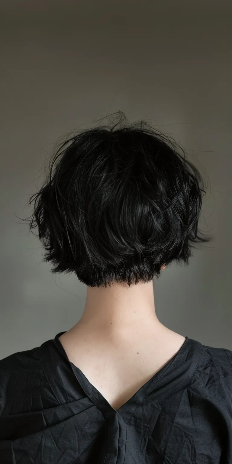 black short haircuts Asymmetric cut, Digital perm, Japanese women's hairstyles, Short brush Professional cut