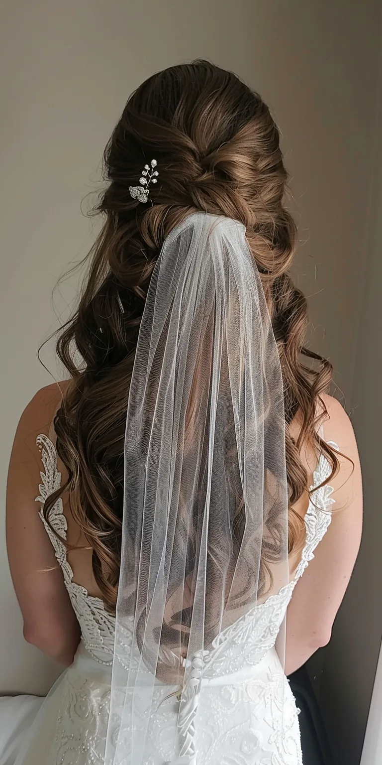 long hair wedding styles Feathered hair, Waterfall braids, Updo, Curtained Layered