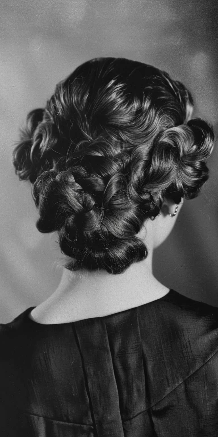 1950 hairstyles Chignon, Milkmaid braid, Updo, French twist, Finger wave