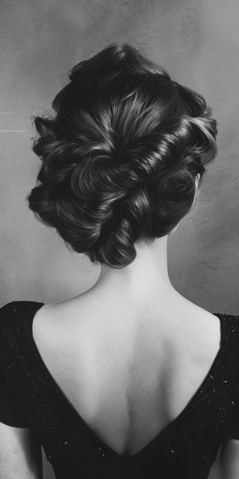 1950 hairstyles Chignon, Updo, French twist, Milkmaid braid, Finger wave