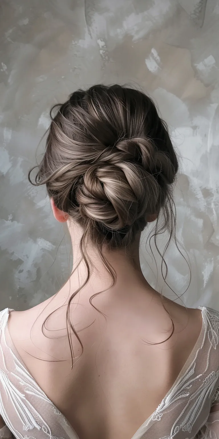 bridal bun hairstyle Updo, Chignon, French twist, braid, Waterfall braids