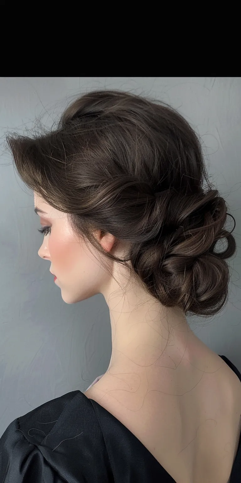 side bun hairstyle Updo, Milkmaid braid, Chignon, Waterfall braids, French twist