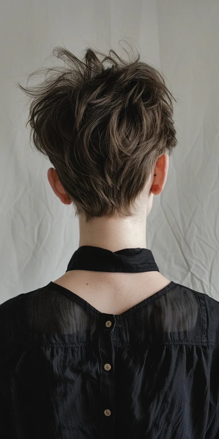 pixie hair styles Asymmetric cut, Chignon, Layered hair, Tonsure, Updo