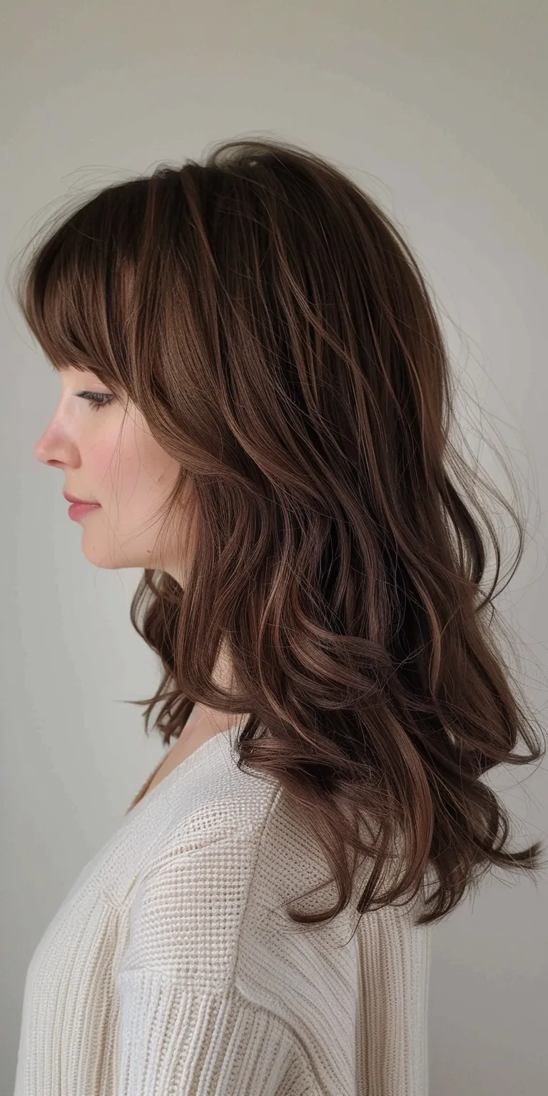 layered haircuts with bangs Layered hair, Digital perm, Asymmetric cut, Historical Christian hairstyles, Bangs