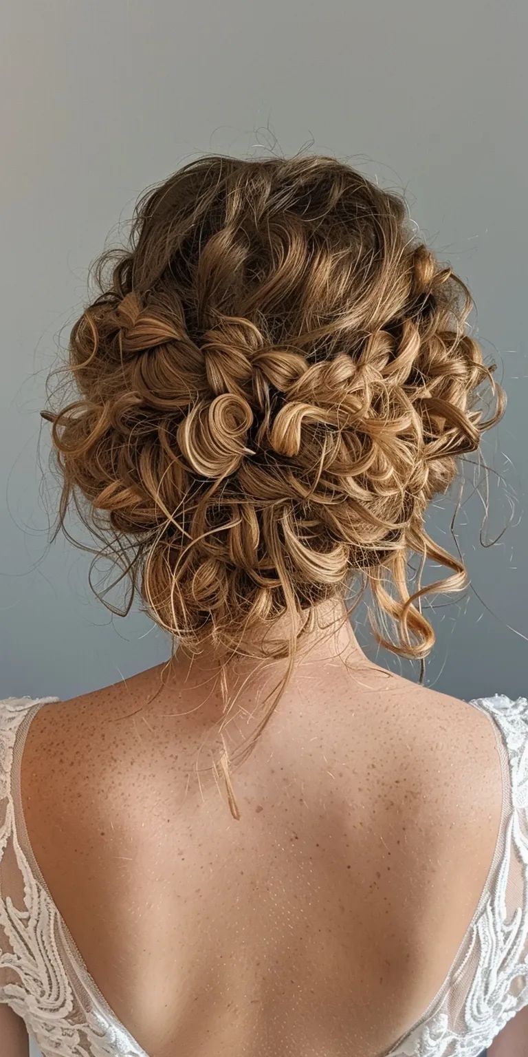 curly hair wedding styles Updo, Waterfall braids, Milkmaid braid, Digital perm, Chignon