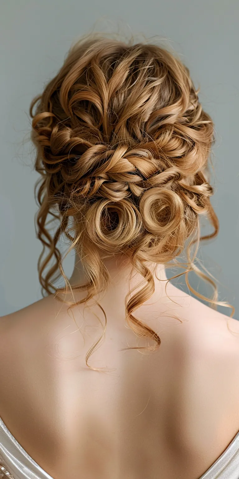 curled hair styles Milkmaid braid, Updo, Chignon, Waterfall braids, Ringlets