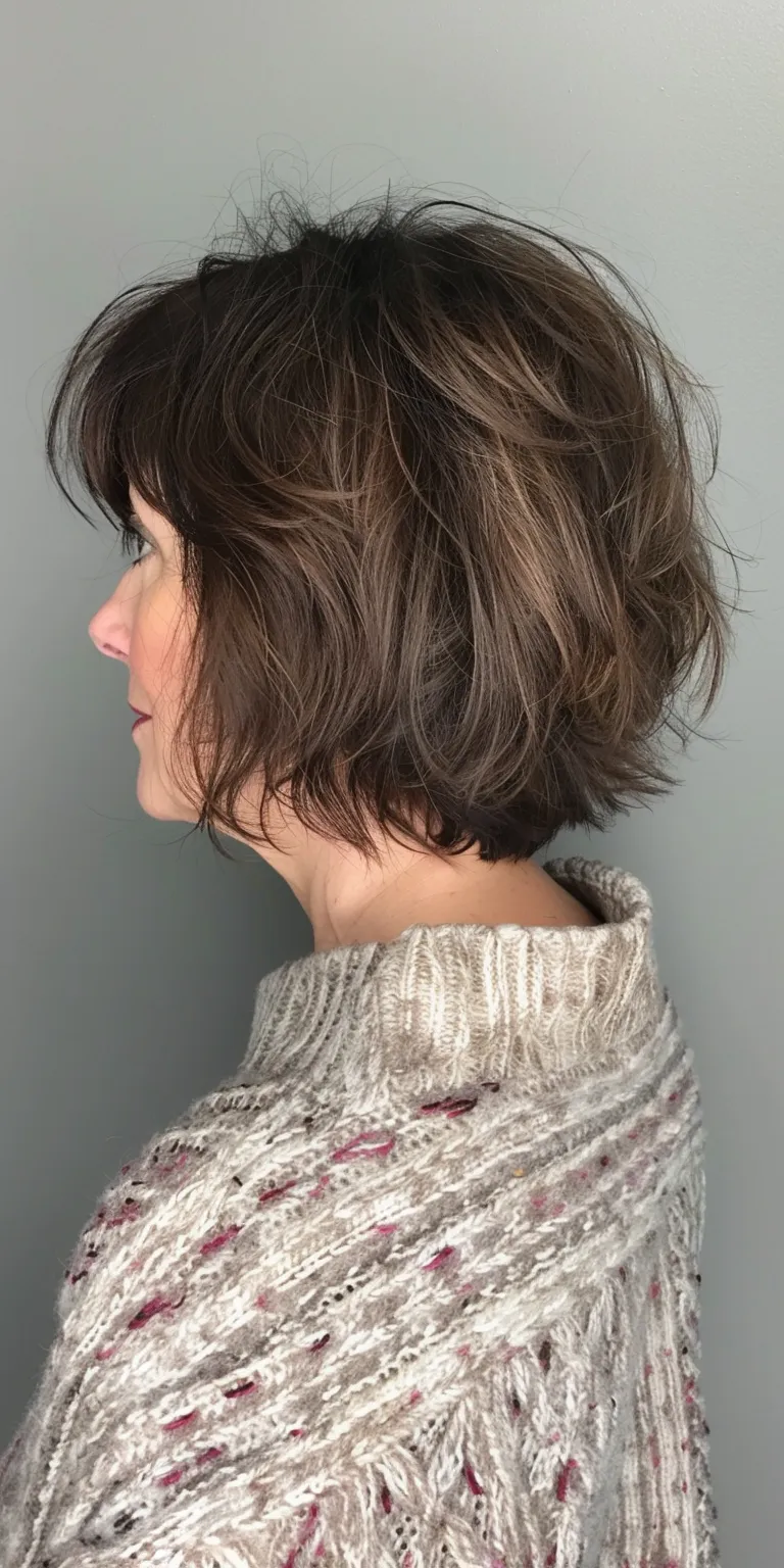 shaggy bob with bangs Asymmetric cut, Digital perm, Short brush Layered hair, Professional cut