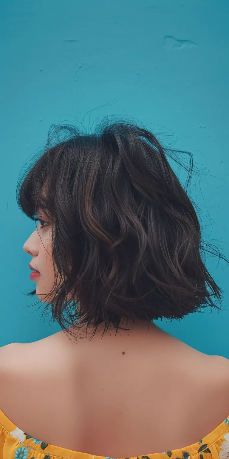 cute hairstyles for shoulder length hair Bob cut, Asymmetric Bangs, Digital perm, Layered