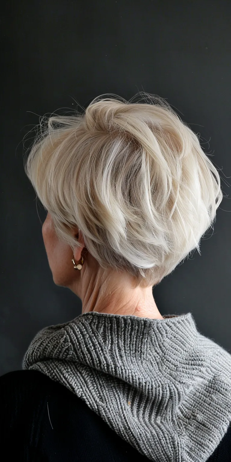 short hairstyles for mature women Asymmetric cut, Updo, Chignon, Layered hair, Feathered hair