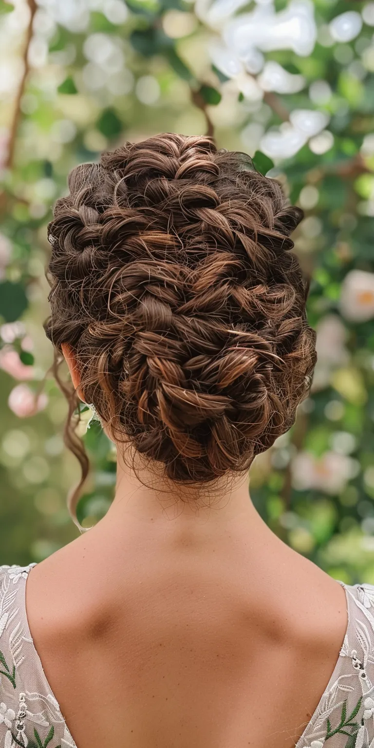 curly hair wedding styles Updo, Waterfall braids, Milkmaid braid, Digital perm, French twist