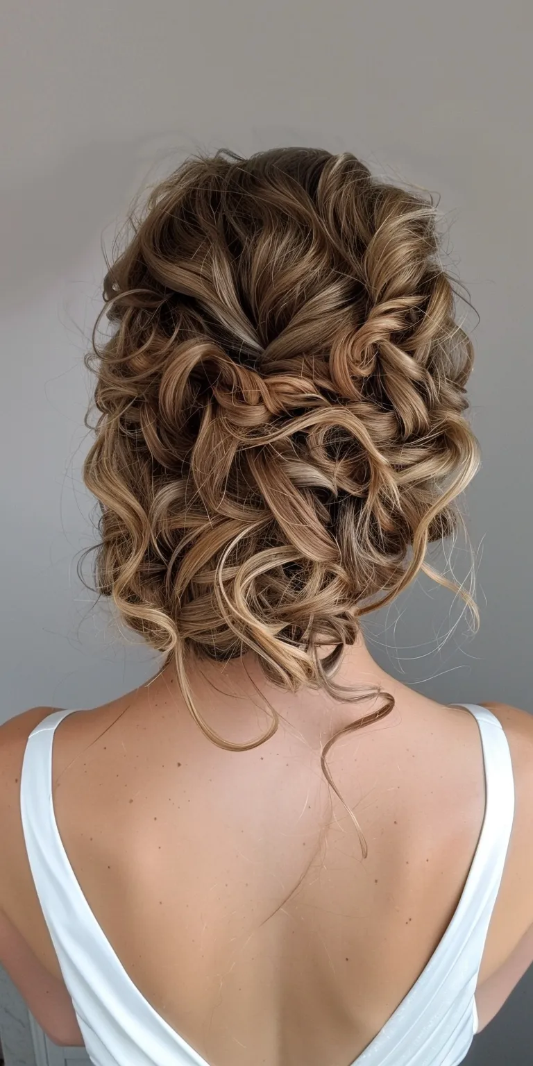 curly hair wedding styles Updo, Waterfall braids, Chignon, French twist, Milkmaid braid