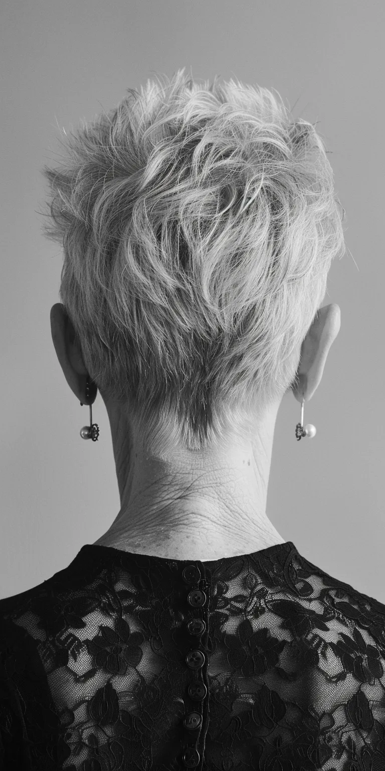 pixie haircuts for older women Asymmetric cut, Short brush Tonsure, Pompadour, back and sides