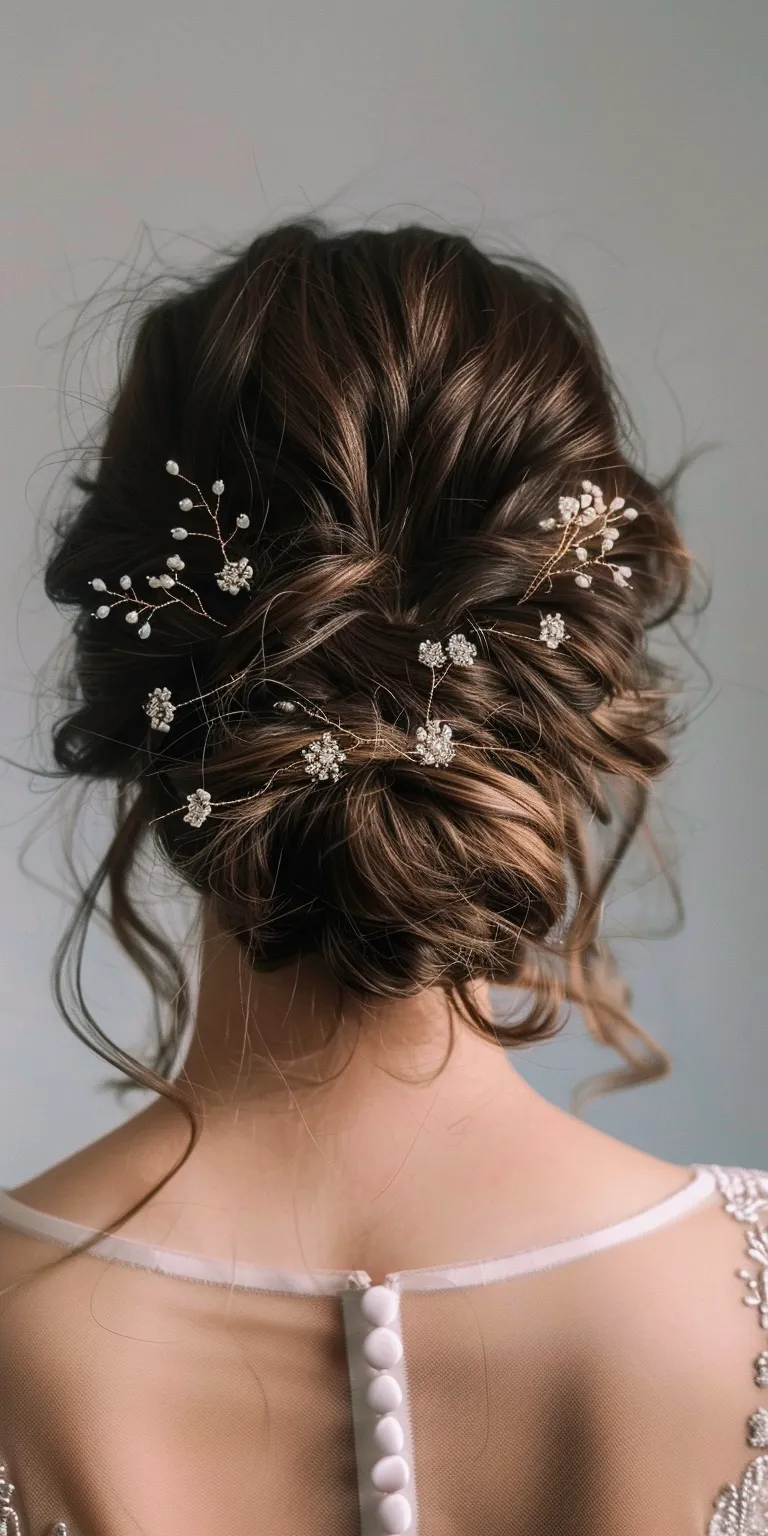 wedding hairstyles for medium hair Milkmaid braid, Updo, Chignon, Boho braids, Feathered