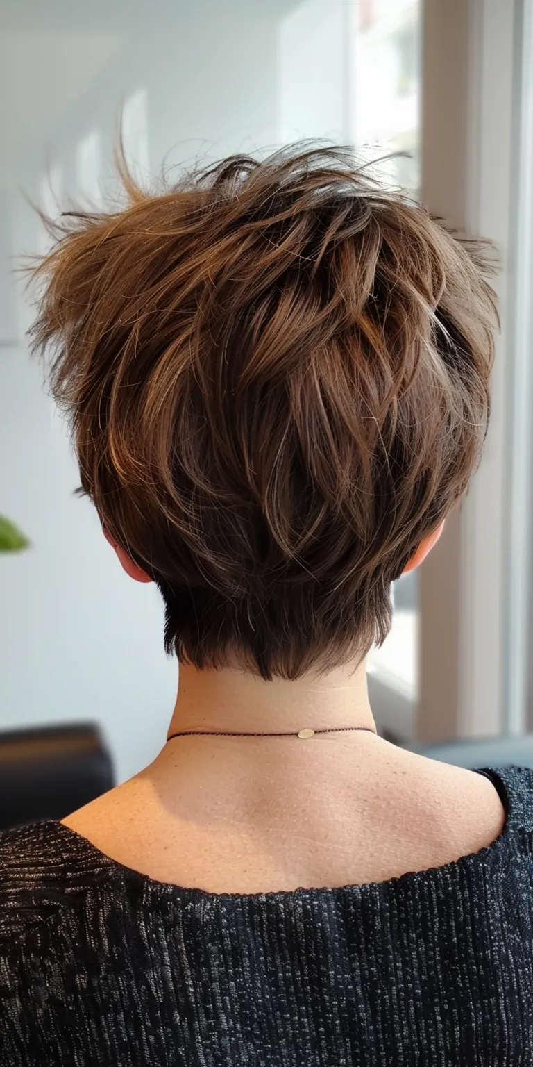 short layered haircuts Asymmetric cut, Chignon, Short brush Updo, Pixie cut