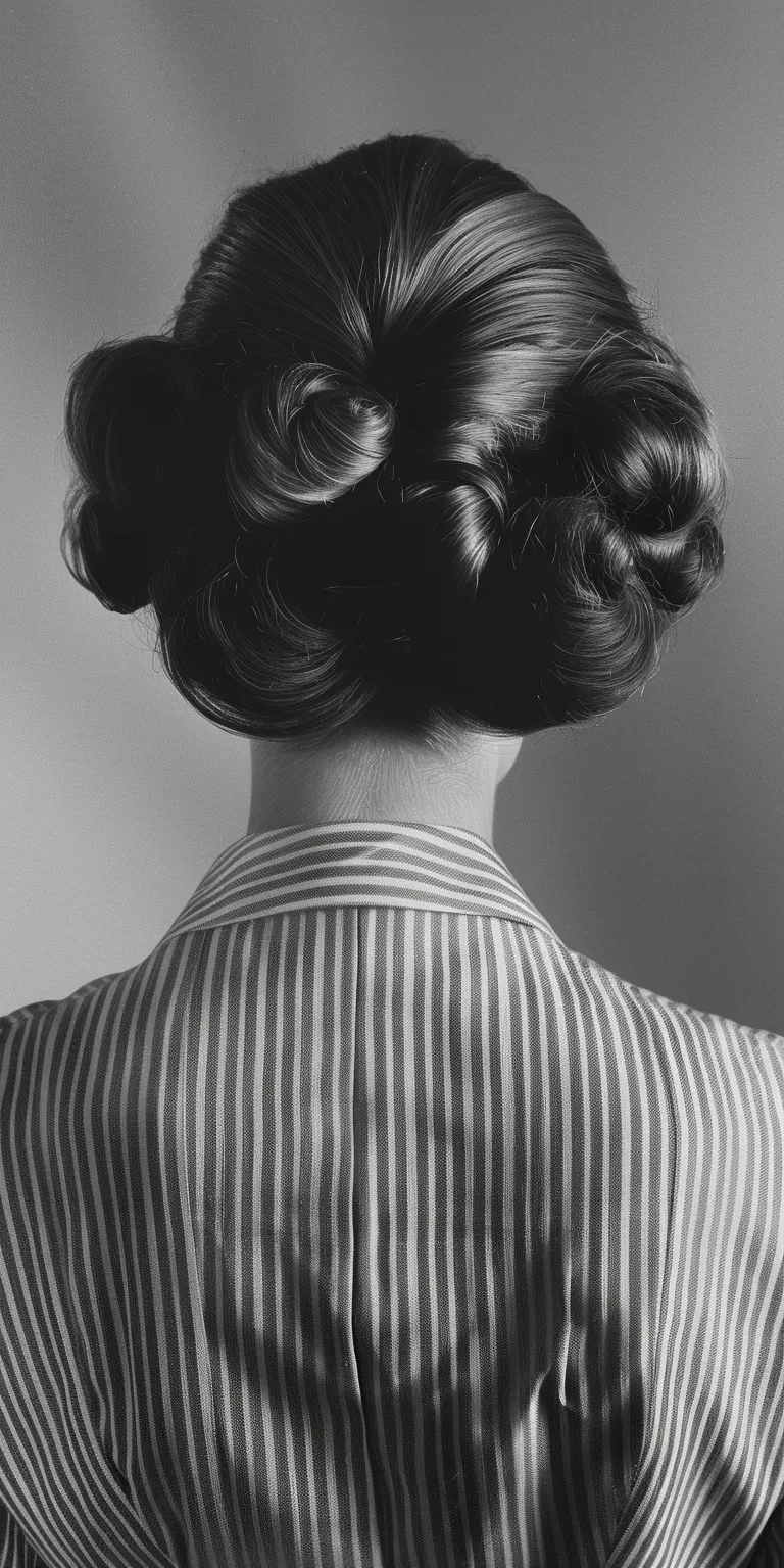 ducktail hairstyle Chignon, Finger wave, Updo, Milkmaid braid, Bouffant