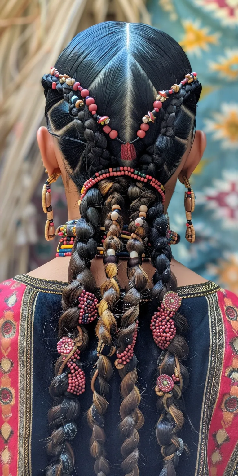 tribal braids with beads Boho braids, Hair twists, Japanese women's hairstyles, Milkmaid braid, Layered hair