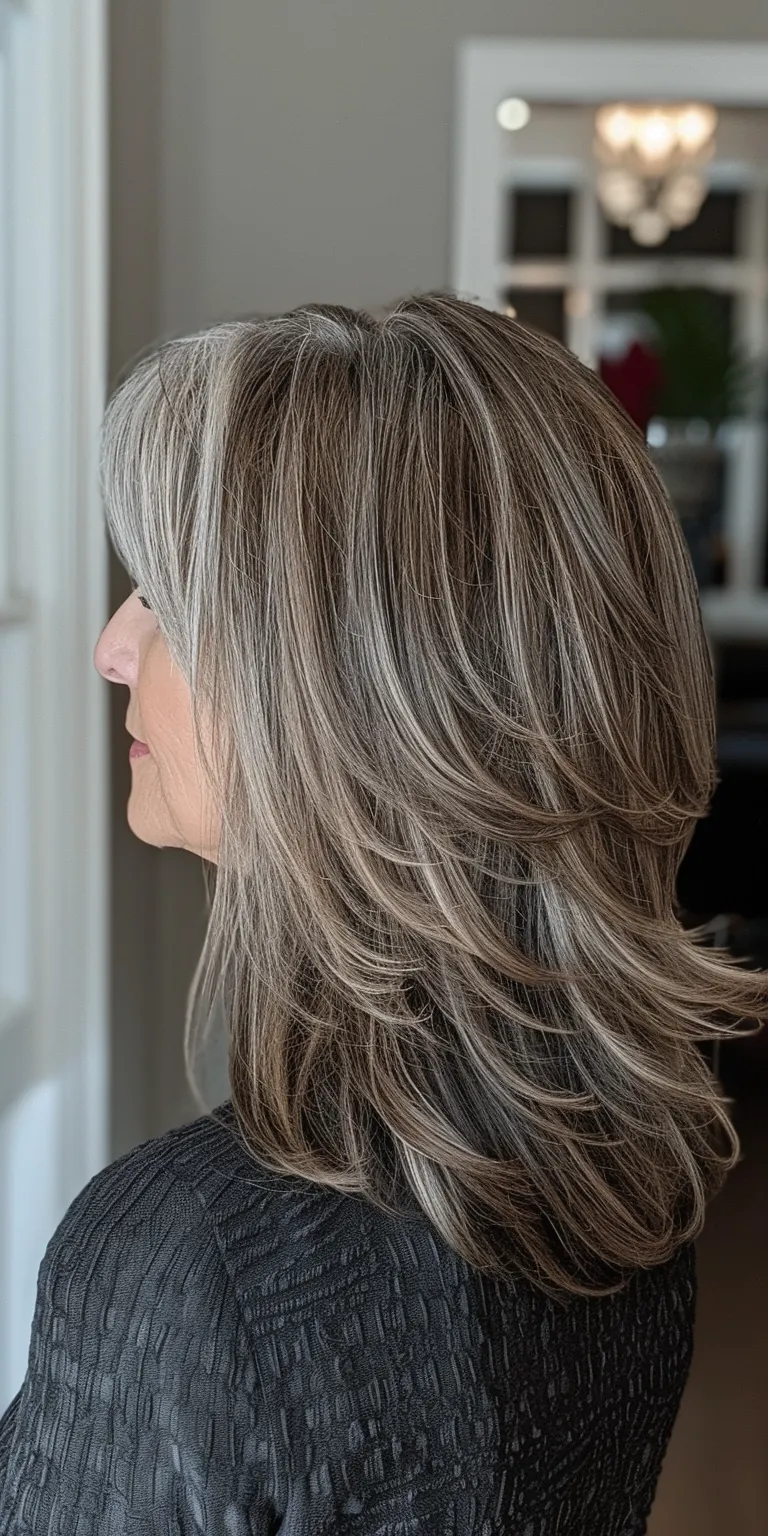 medium hairstyles for women over 50 Layered hair, Asymmetric cut, Digital perm, Professional Feathered hair