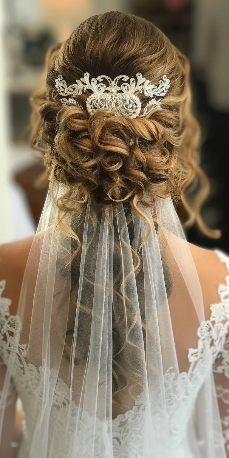 curly hair wedding styles Waterfall braids, Updo, Boho Milkmaid braid, Feathered