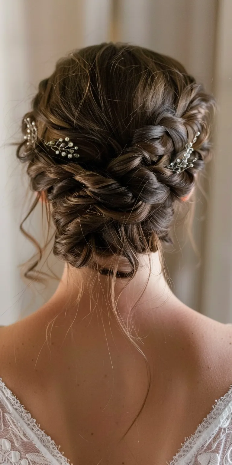 wedding hairstyles Waterfall braids, Updo, Boho Milkmaid braid, Chignon