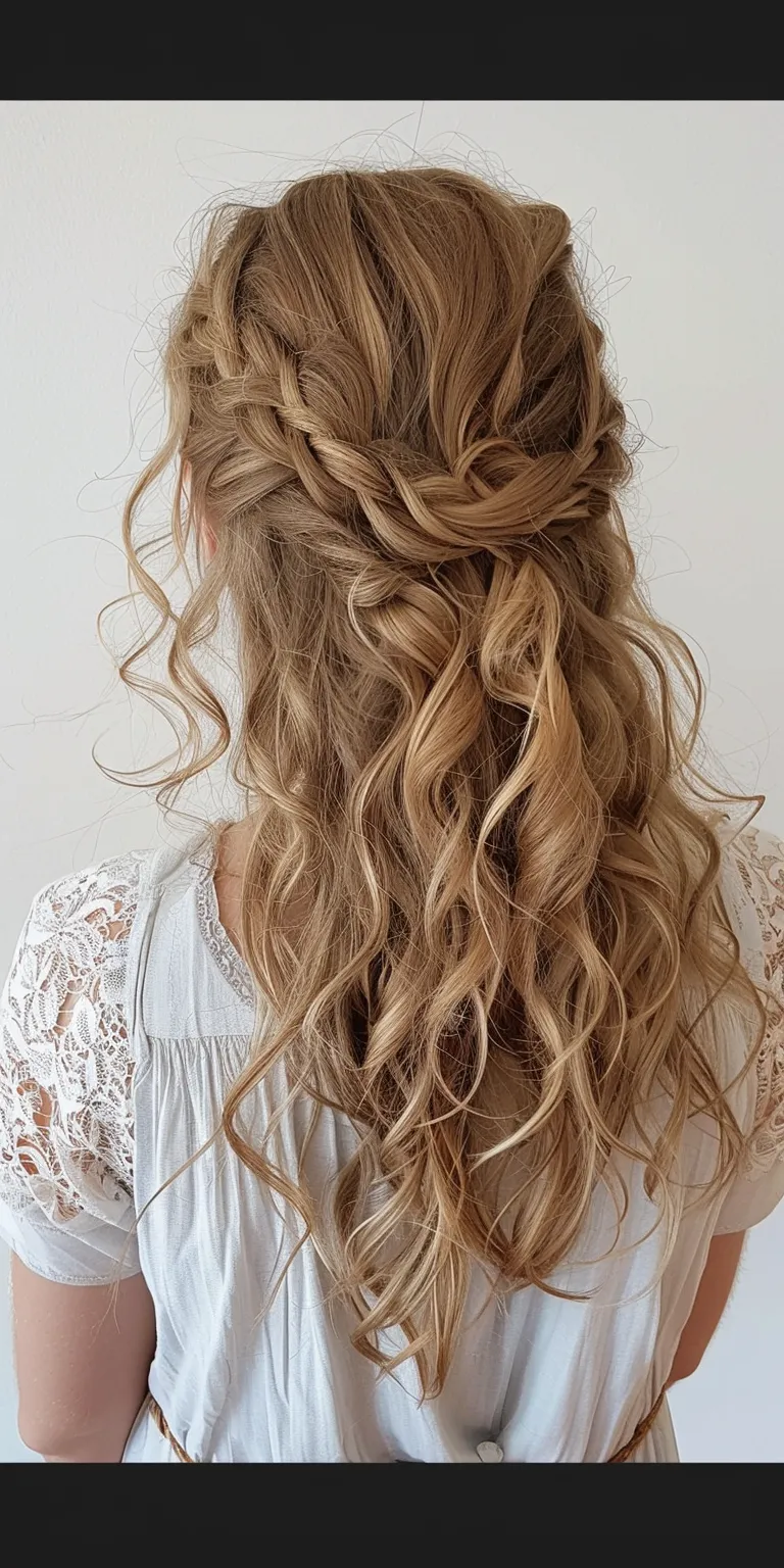 curled hair styles Waterfall braids, Updo, Boho Milkmaid braid, French braid