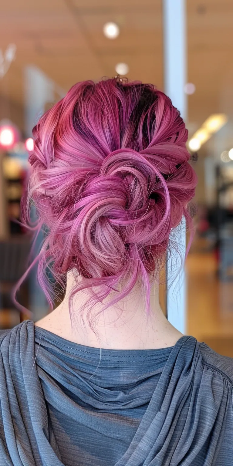 pinks hair styles Updo, French twist, Ballerina bun, Waterfall braids, Digital perm