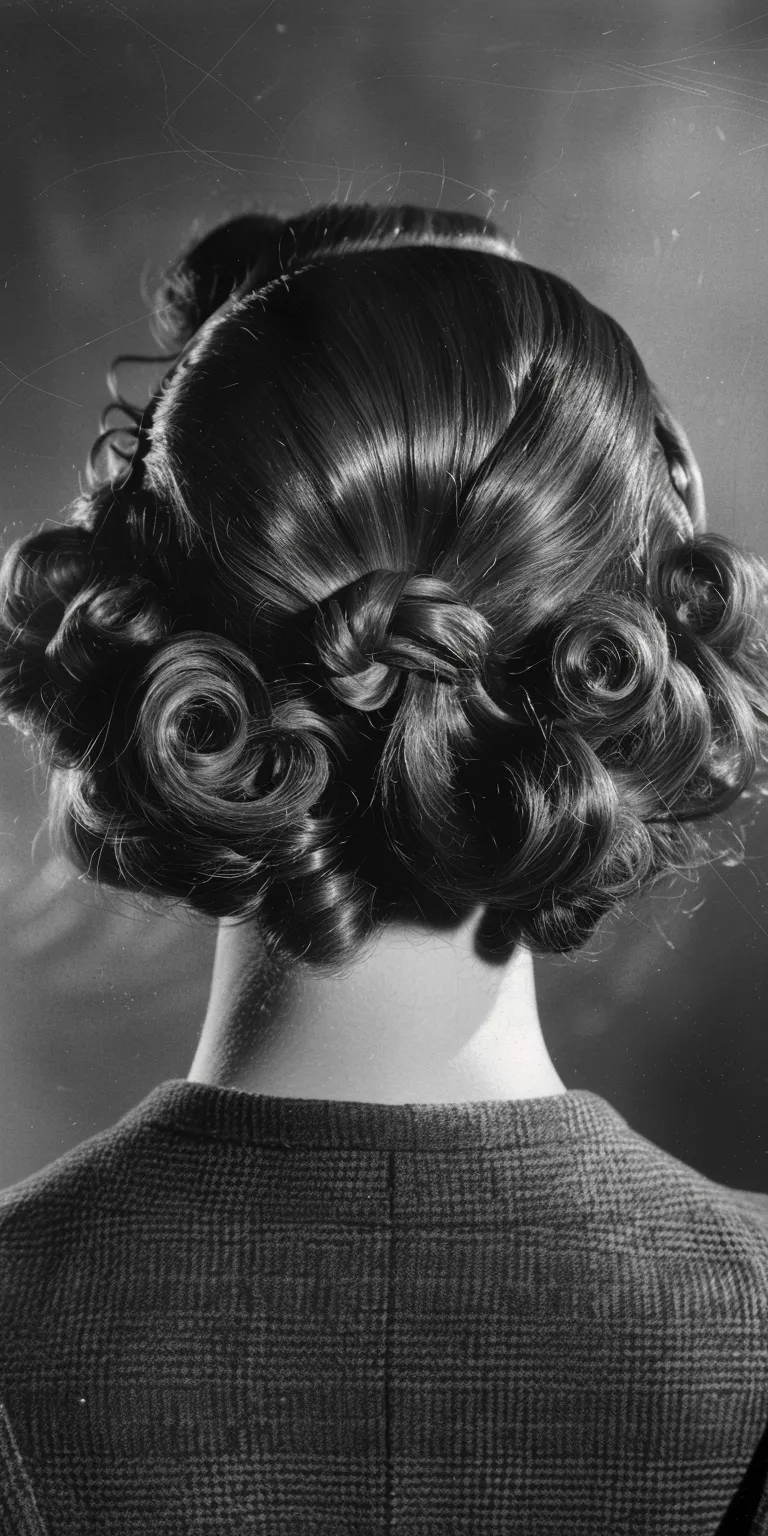 1950 hairstyles Chignon, Historical Christian hairstyles, Updo, Milkmaid braid, Finger wave