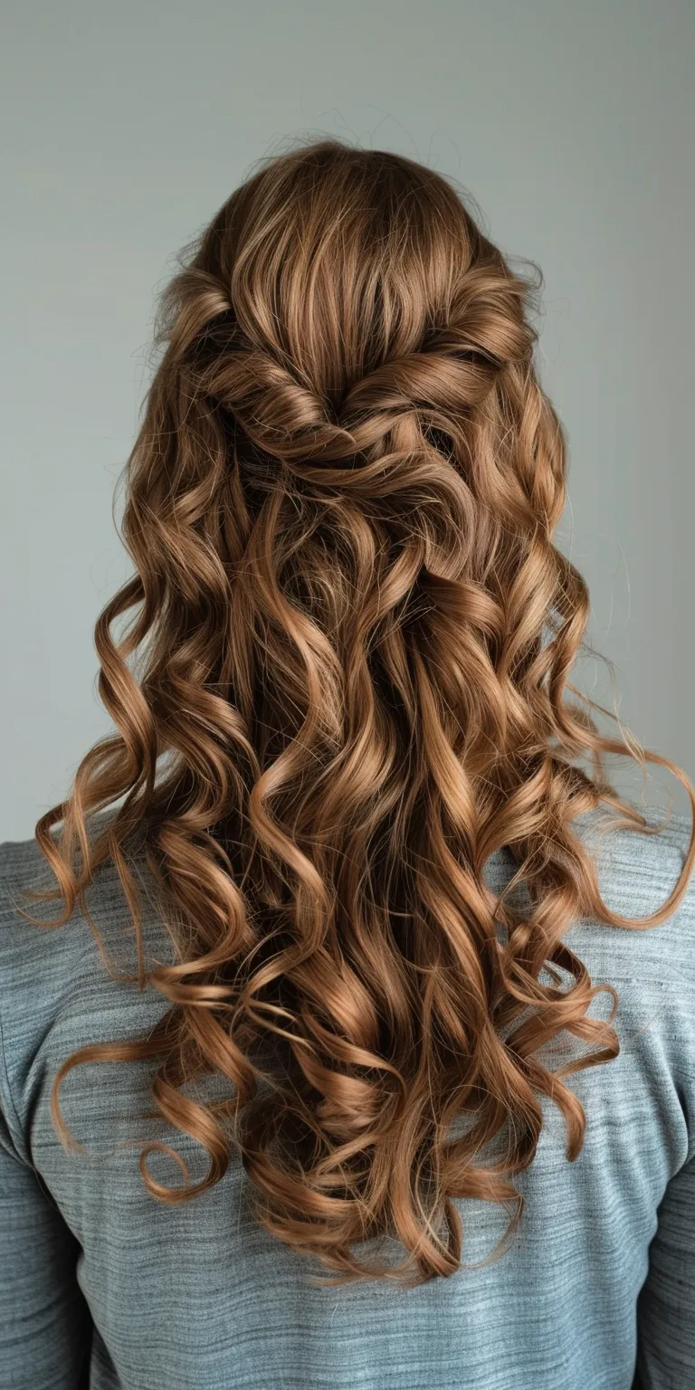 curled hair styles Waterfall braids, Milkmaid braid, French Digital perm, Updo